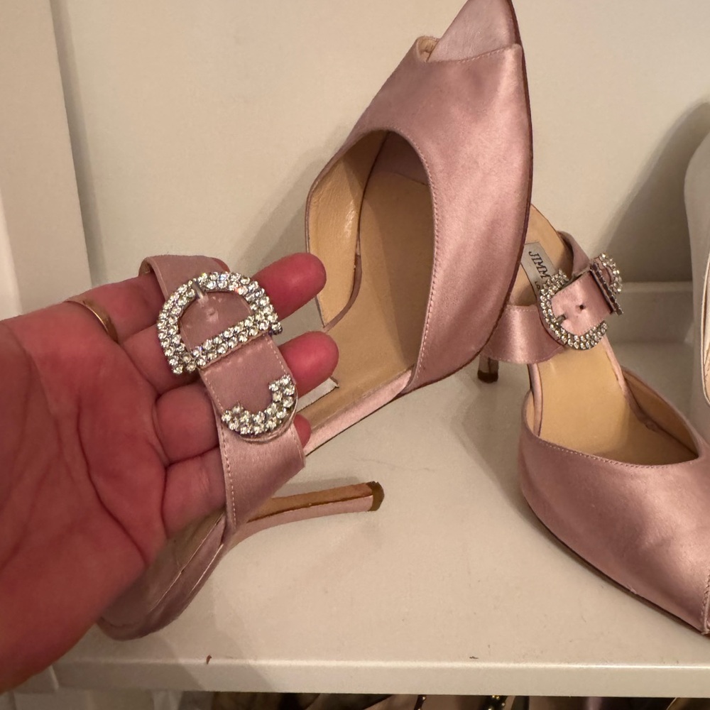 Jimmy Choo Blush Satin Heels with Crystal Buckles SZ 38.5